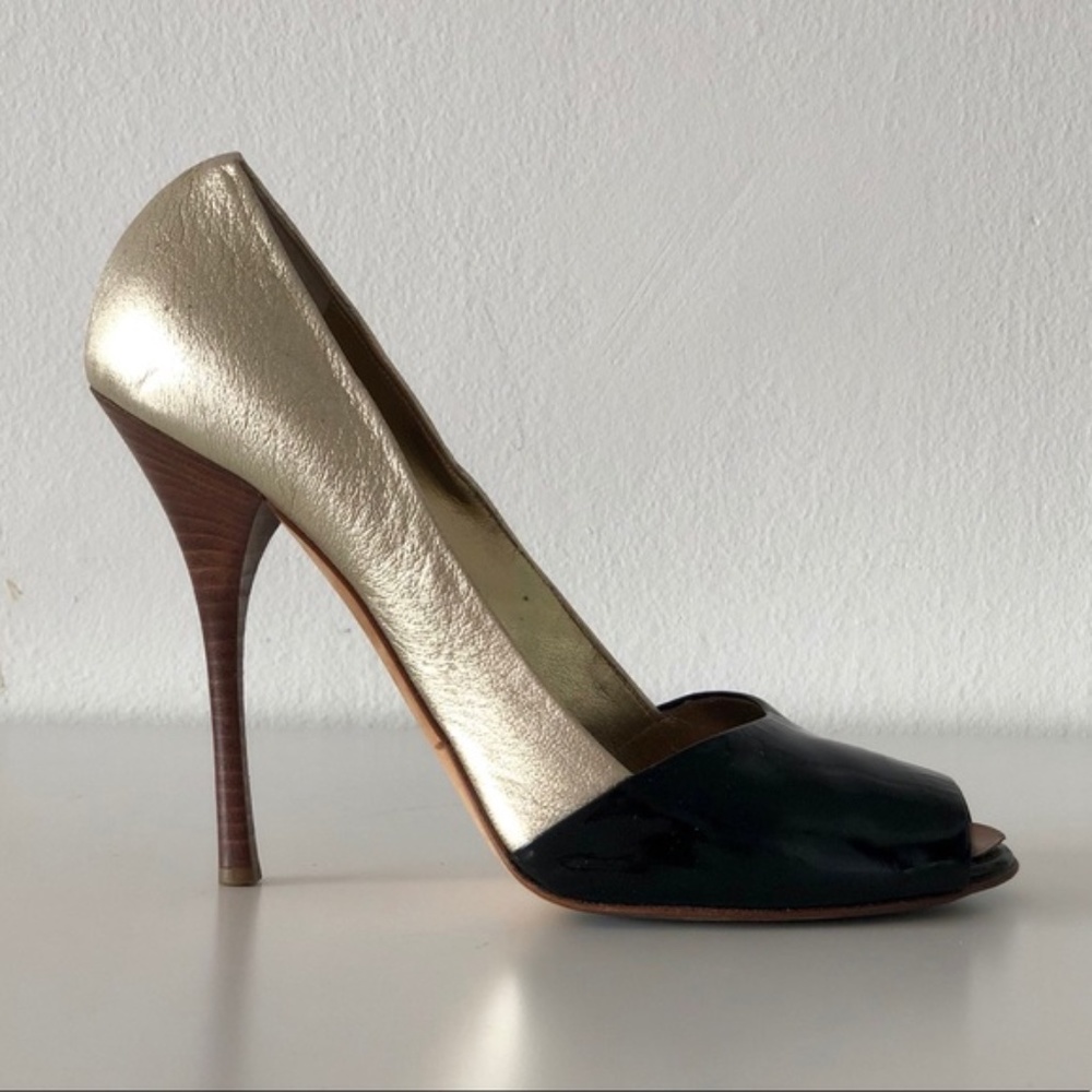 GIUSEPPE ZANOTTI BLACK/GOLD LEATHER PEEP TOE SHOES, SIZE 39.5